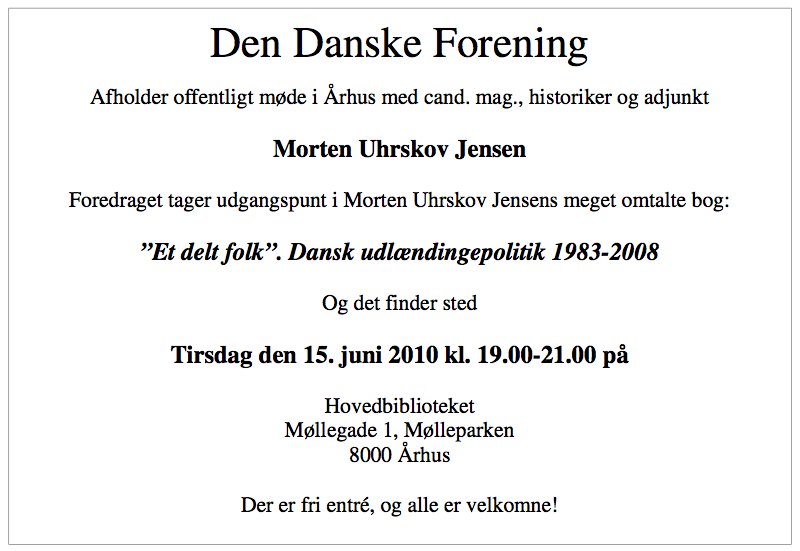 Mødeindkaldelsen fra Den Danske Forenings tidskrift "Danskeren", 2010 nr. 2.